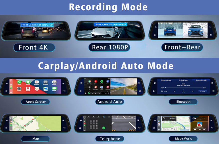 DVR Κάμερα Αυτοκινήτου 4K με CarPlay, Android Auto, GPS & WiFi – Καταγραφή & 24ωρη Παρακολούθηση