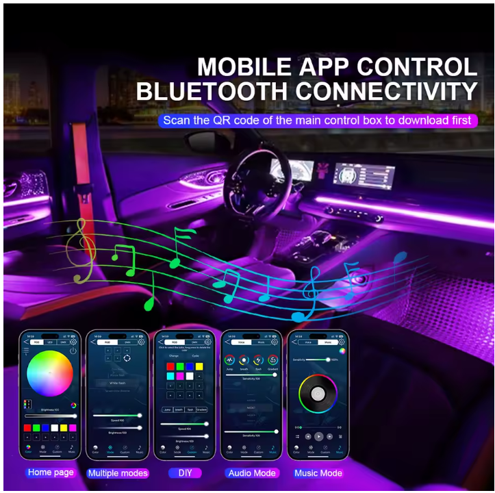LED Φωτισμός Αυτοκινήτου Ambient Light Kit (10 τμχ) με Bluetooth-App & Αισθητήρα Ήχου