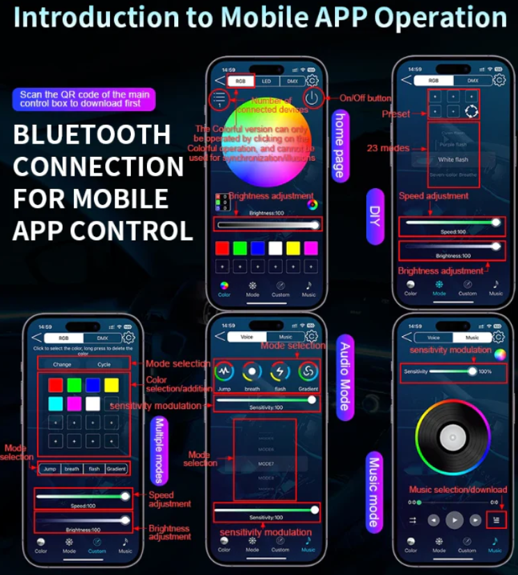 LED Φωτισμός Αυτοκινήτου Ambient symphony Light Kit (6 τμχ) με Bluetooth-App & Αισθητήρα Ήχου
